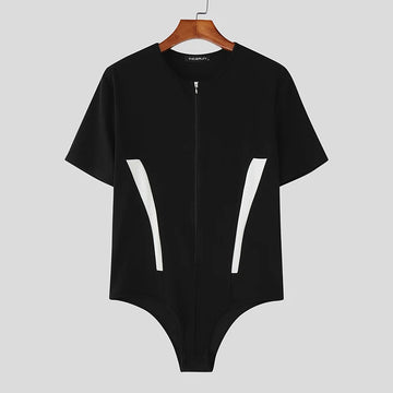 AIDASE  -  Men Bodysuits Patchwork O-neck Short Sleeve Zipper Casual Male Rompers Sexy Summer Skinny 2025 Fashion Bodysuit S-3XL aidase-shop